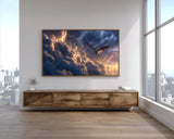 Large TV screen displaying an eagle in flight against a cloudy sky, mounted on a wall above a wooden entertainment console with a cityscape view.