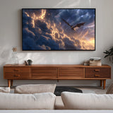 Wooden TV stand with a large screen displaying a dragon in clouds, in a living room setting.
