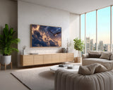 Modern living room with a large TV displaying a nature scene, wooden cabinet, and city view.
