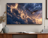 TV screen displaying a dragon in flight amidst clouds, mounted on a wall above a wooden cabinet.