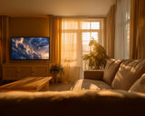 Living room with a TV displaying a nature scene, sofa, and large window with curtains.