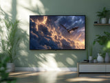 TV displaying a dragon in flight amidst clouds in a room with plants and decor.