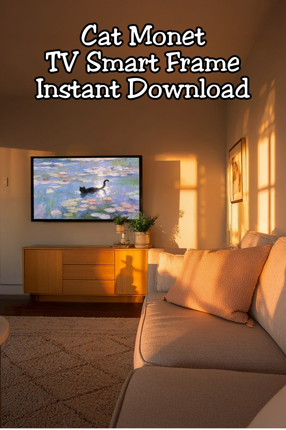 Turn your TV into art with this Monet-inspired black cat wall art. Designed for frame tv art and Samsung Frame TV art, this calming water lily cat painting adds soft color and gallery-style elegance to living rooms, bedrooms, and cozy reading nooks. Perfect for cat lovers who love timeless decor.