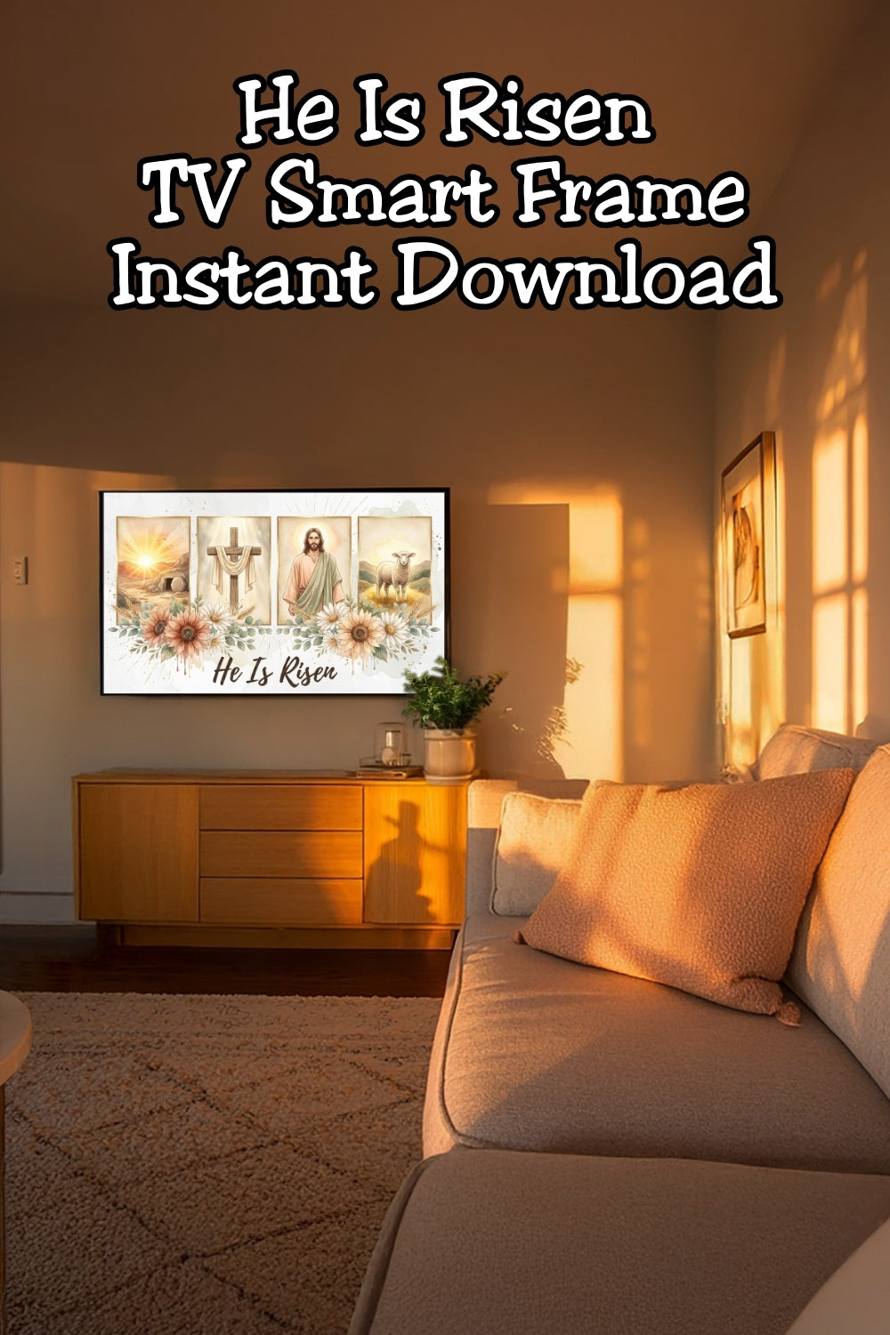 He Is Risen Easter Frame TV Art – Christian Resurrection Home Decor