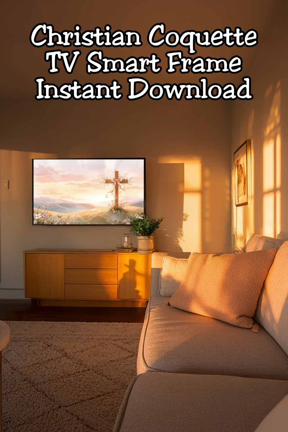 Soft coquette Christian Easter morning frame TV art featuring a floral cross and peaceful pastel sky. This elegant Christian wall decor is designed for Samsung Frame TV art and digital displays, perfect for faith-based homes decorating for Easter Sunday and spring.
