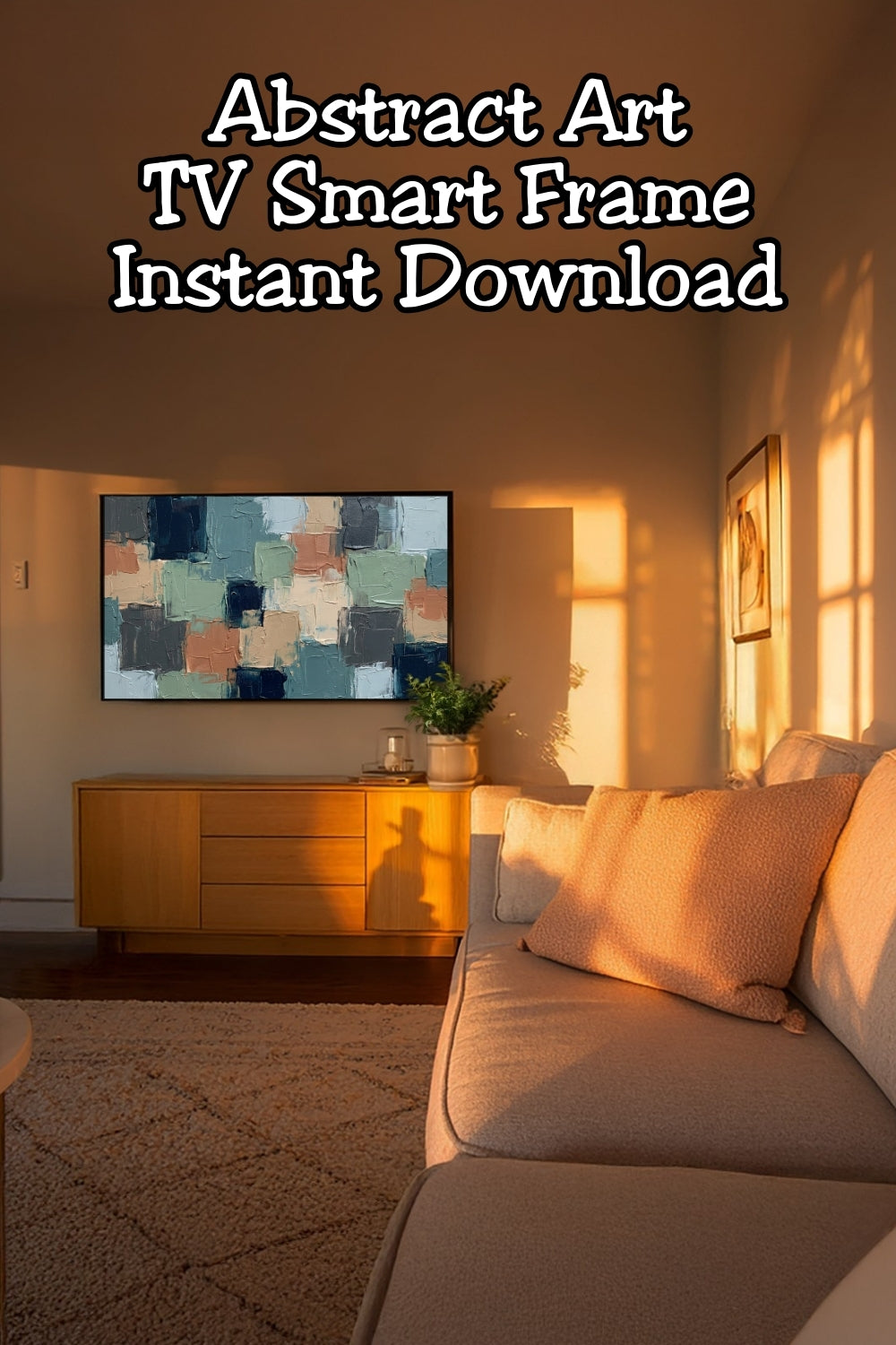 Modern Abstract Geometric Frame TV Art, Neutral Sage Navy Clay Palette Knife Texture, Contemporary Abstract TV Wall Art Digital Download