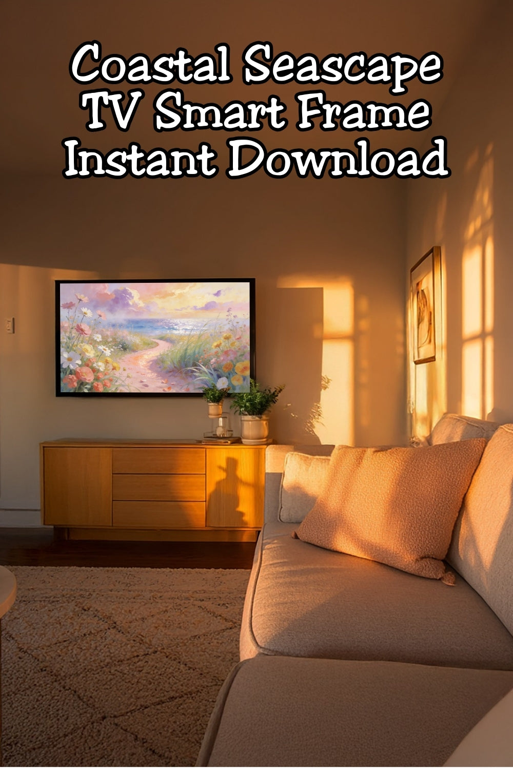 Looking for elegant TV wall art? This coastal beach landscape digital download transforms your television into a calming statement piece. With pastel florals, a winding path, and ocean sunset tones, it’s ideal for living rooms, bedrooms, and beach-inspired spaces.
