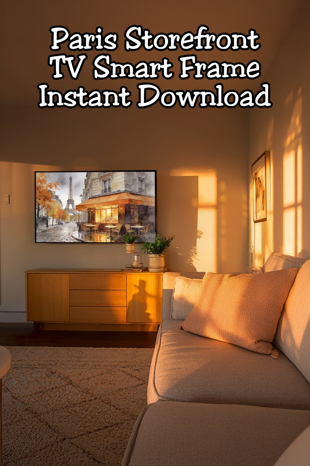 Love Parisian decor? This romantic Paris cafe wall art transforms your Frame TV into a beautiful French streetscape. Featuring a glowing café and Eiffel Tower view, it’s perfect for cozy, elegant home styling.