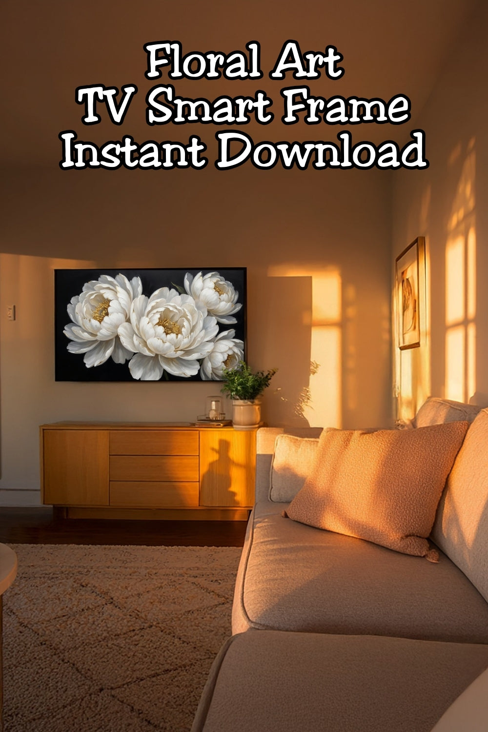 Your TV can be beautiful even when it’s off. This white peony Frame TV art creates a calm, high-end look that blends seamlessly into neutral and modern interiors. Designed for Samsung Frame TV owners who want timeless floral wall art that feels refined, soft, and gallery-worthy.