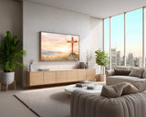 Modern living room with a large TV displaying a cross, wooden cabinet, and city view.