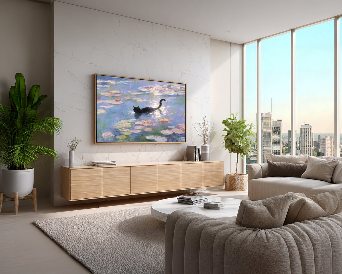 Modern living room with a large TV displaying a painting, wooden cabinet, and city view.
