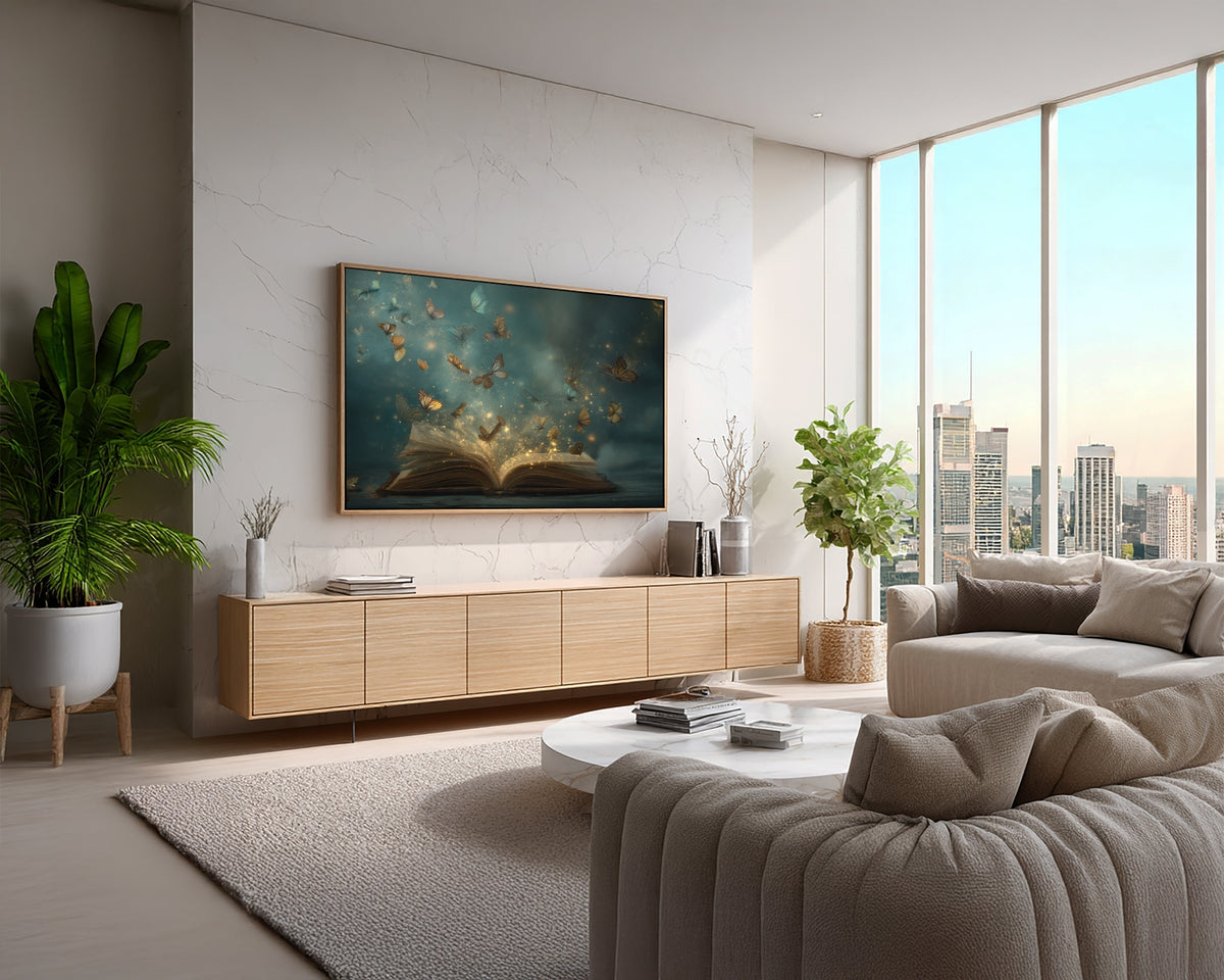 Modern living room with a large TV, sofa, and city view
