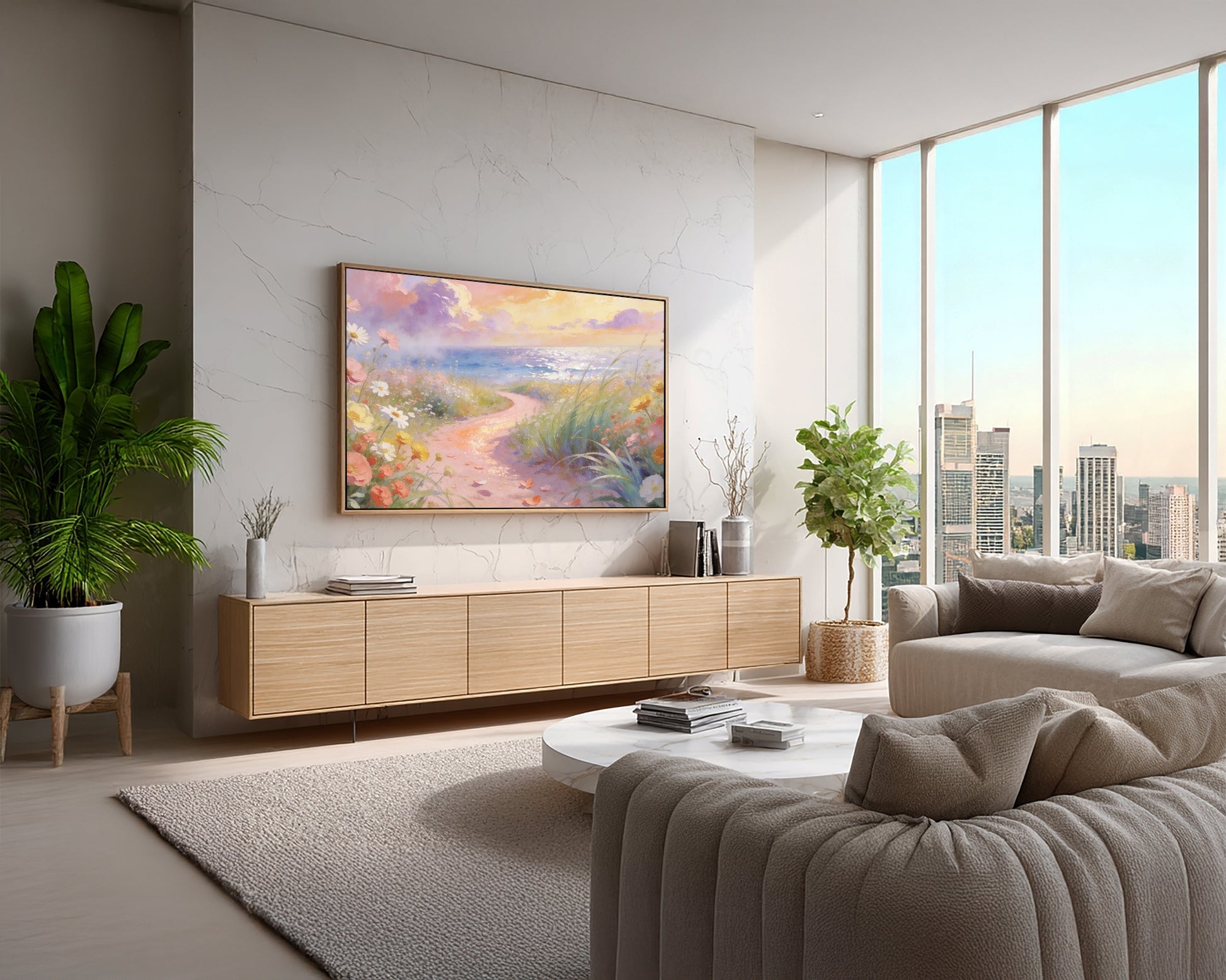 Modern living room with a large TV displaying a nature scene, wooden cabinet, and city view.