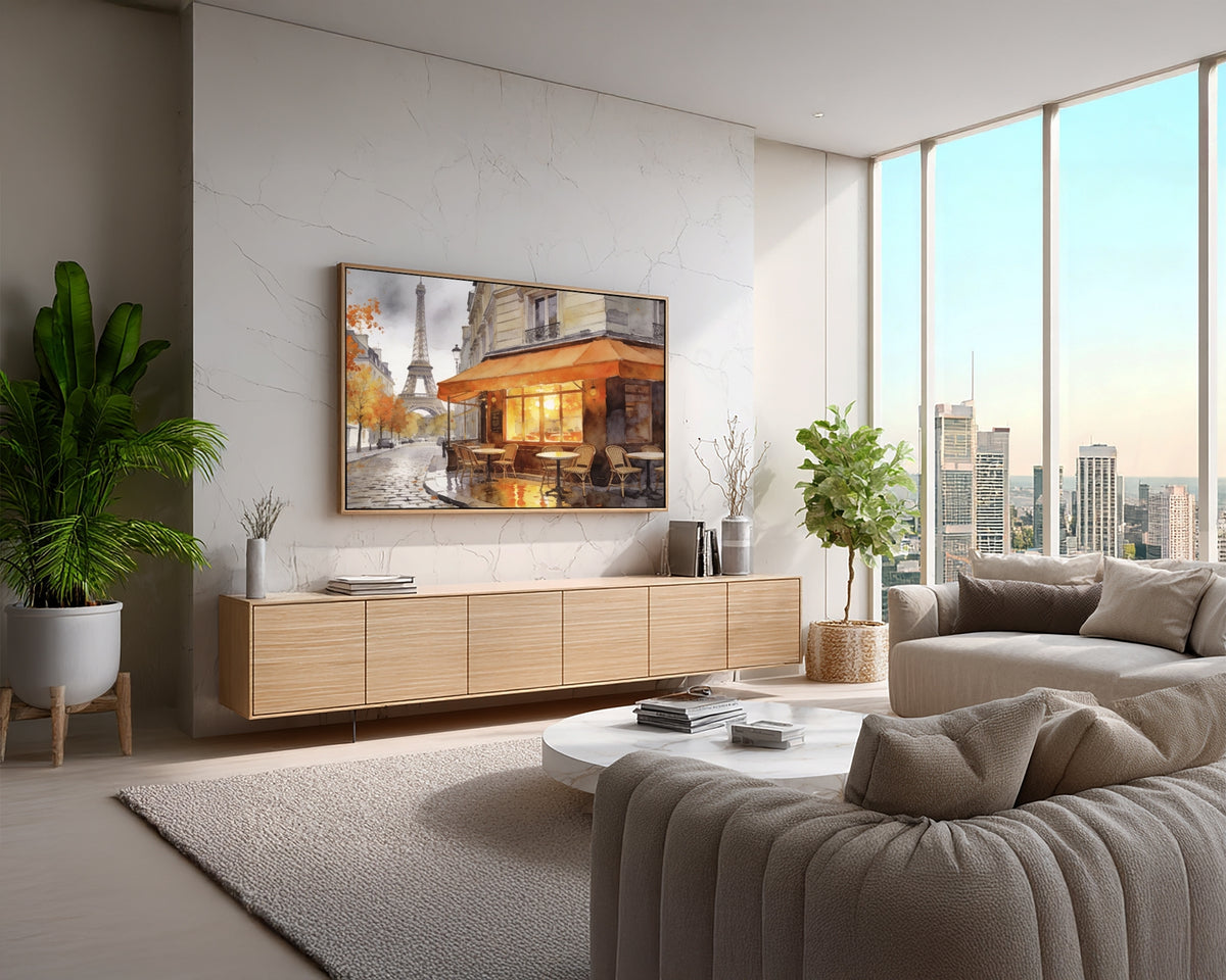 Modern living room with a cityscape painting on the wall, large windows, and stylish furniture.