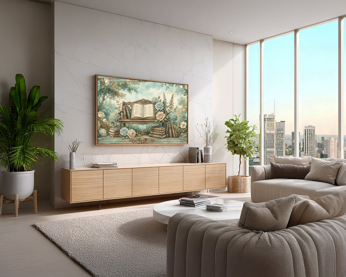 Modern living room with a large TV, sofa, and city view