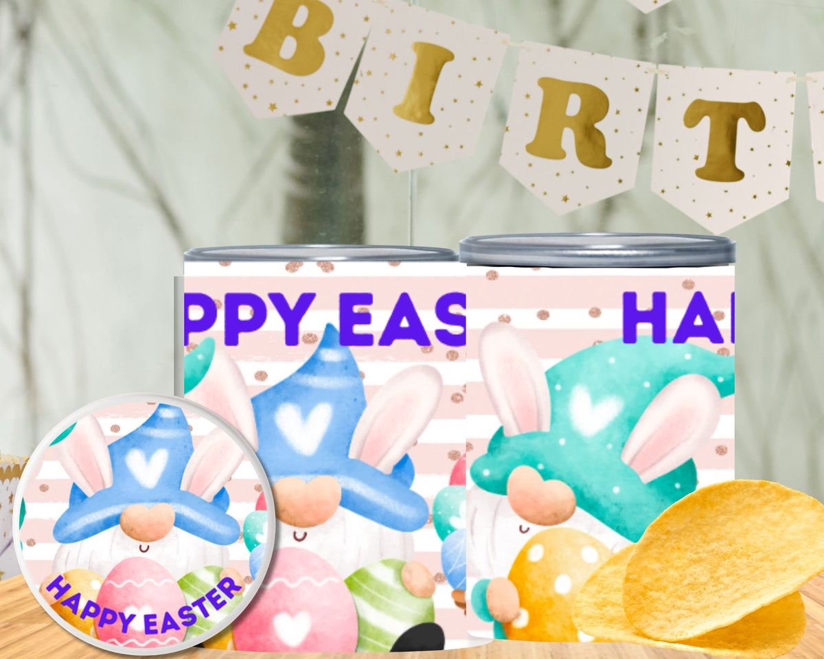 Two stainless steel tumblers with Easter designs and a 'Happy Easter' banner in the background.