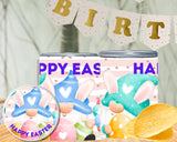 Two stainless steel tumblers with Easter designs and a 'Happy Easter' banner in the background.