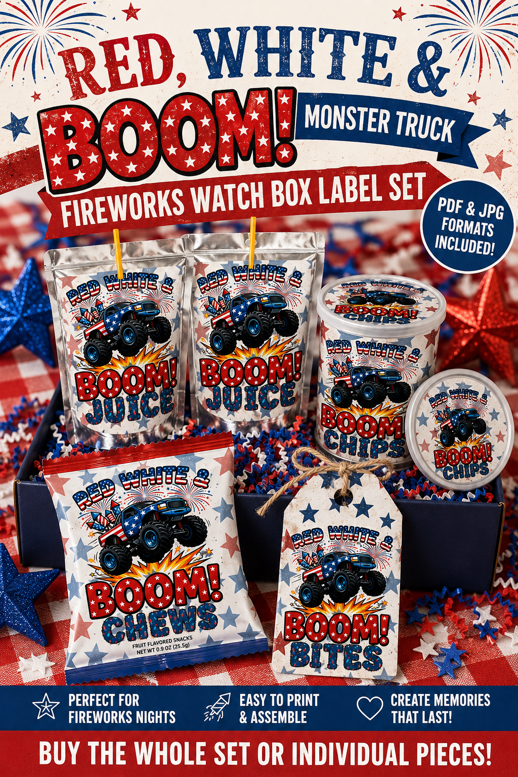 Red, White & BOOM! Monster Truck Fireworks Watch Candy Label Printable Set