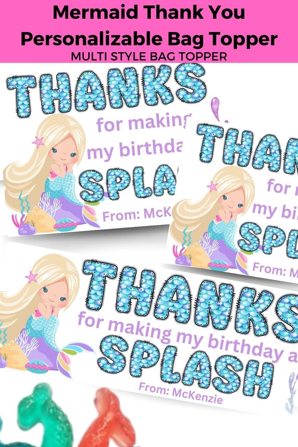 Custom Mermaid Thank You Personalizable Bag Topper Tag Canva Template Printable