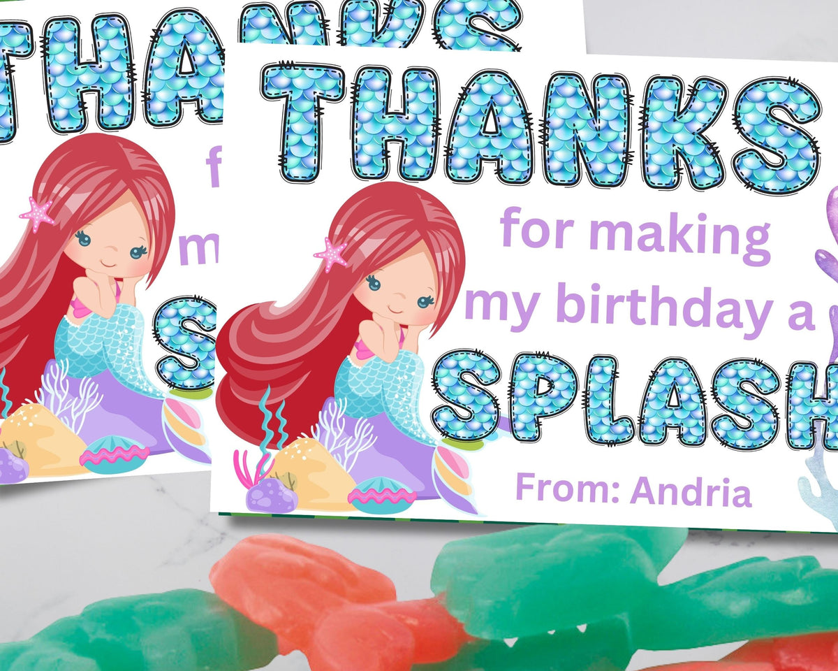 Custom Mermaid Thank You Personalizable Bag Topper Tag Canva Template Printable