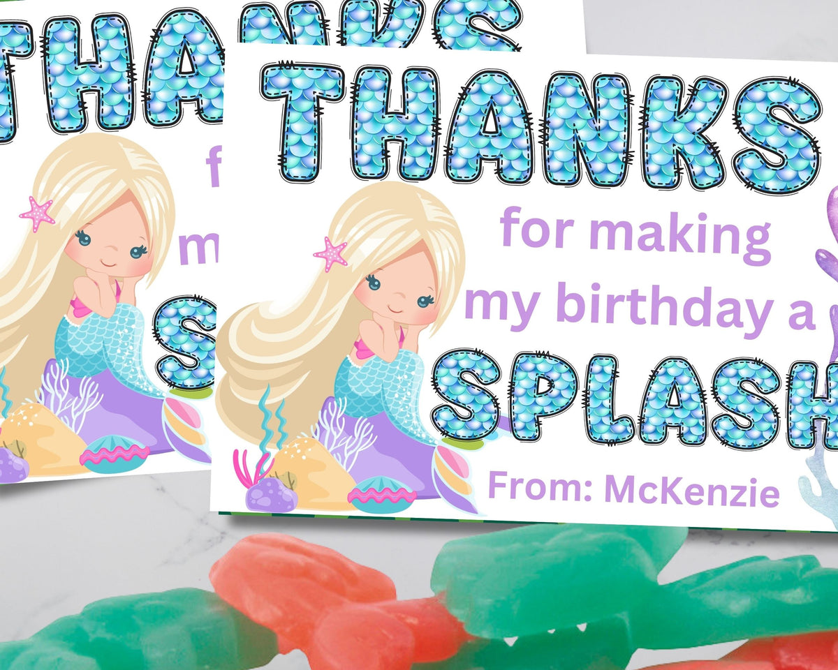Custom Mermaid Thank You Personalizable Bag Topper Tag Canva Template Printable