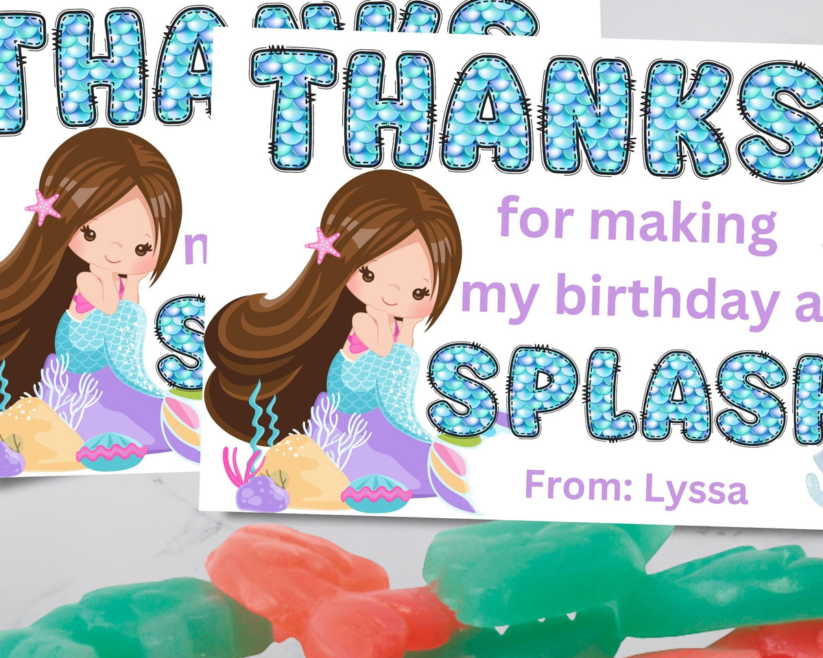Custom Mermaid Thank You Personalizable Bag Topper Tag Canva Template Printable