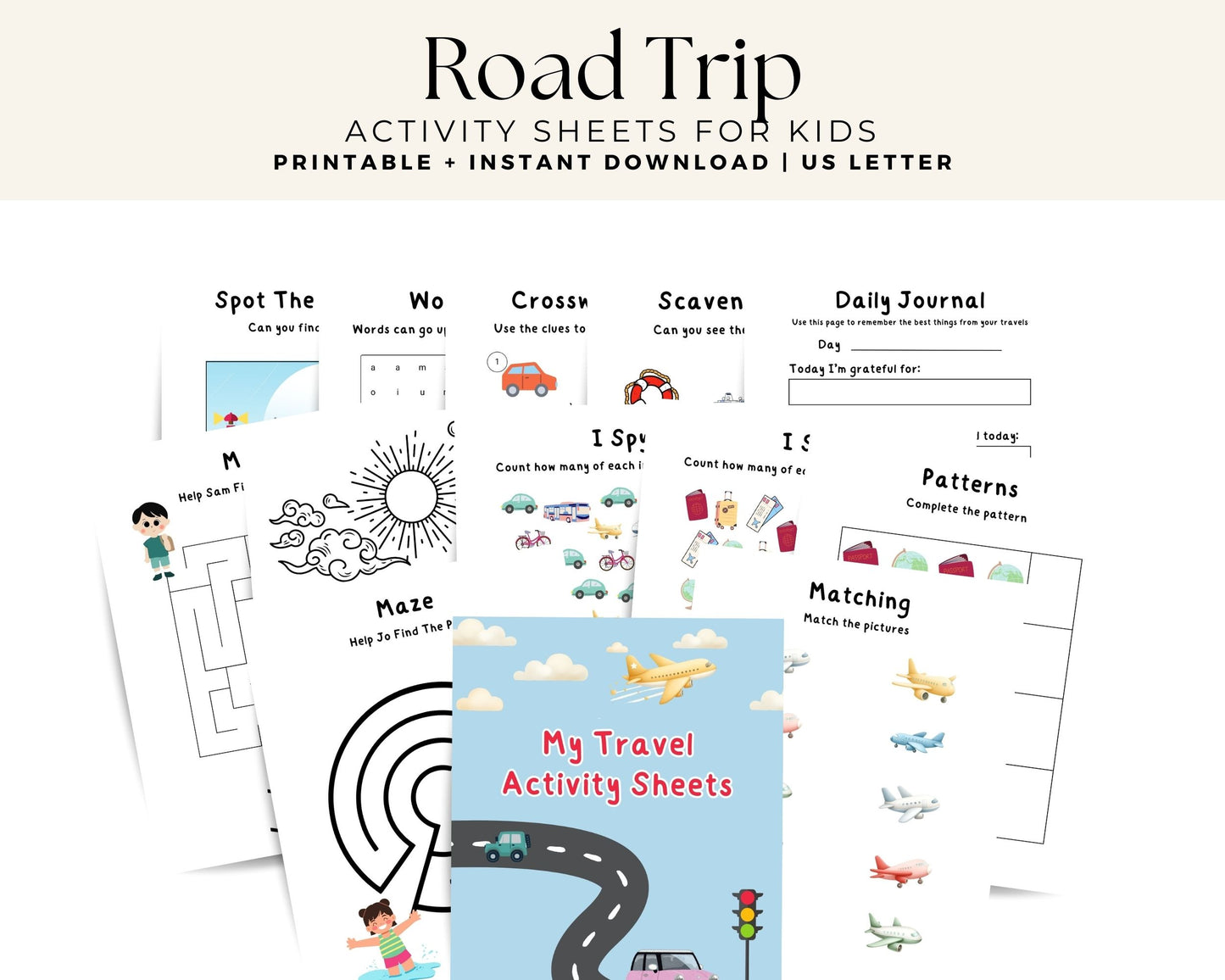 Kids Road Trip Travel Activity Pack Printable Set