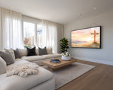Modern living room with a sofa, coffee table, and wall-mounted TV displaying a cross image.
