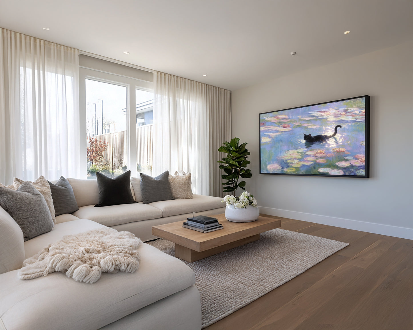 Modern living room with a sofa, coffee table, and wall-mounted TV displaying a painting.
