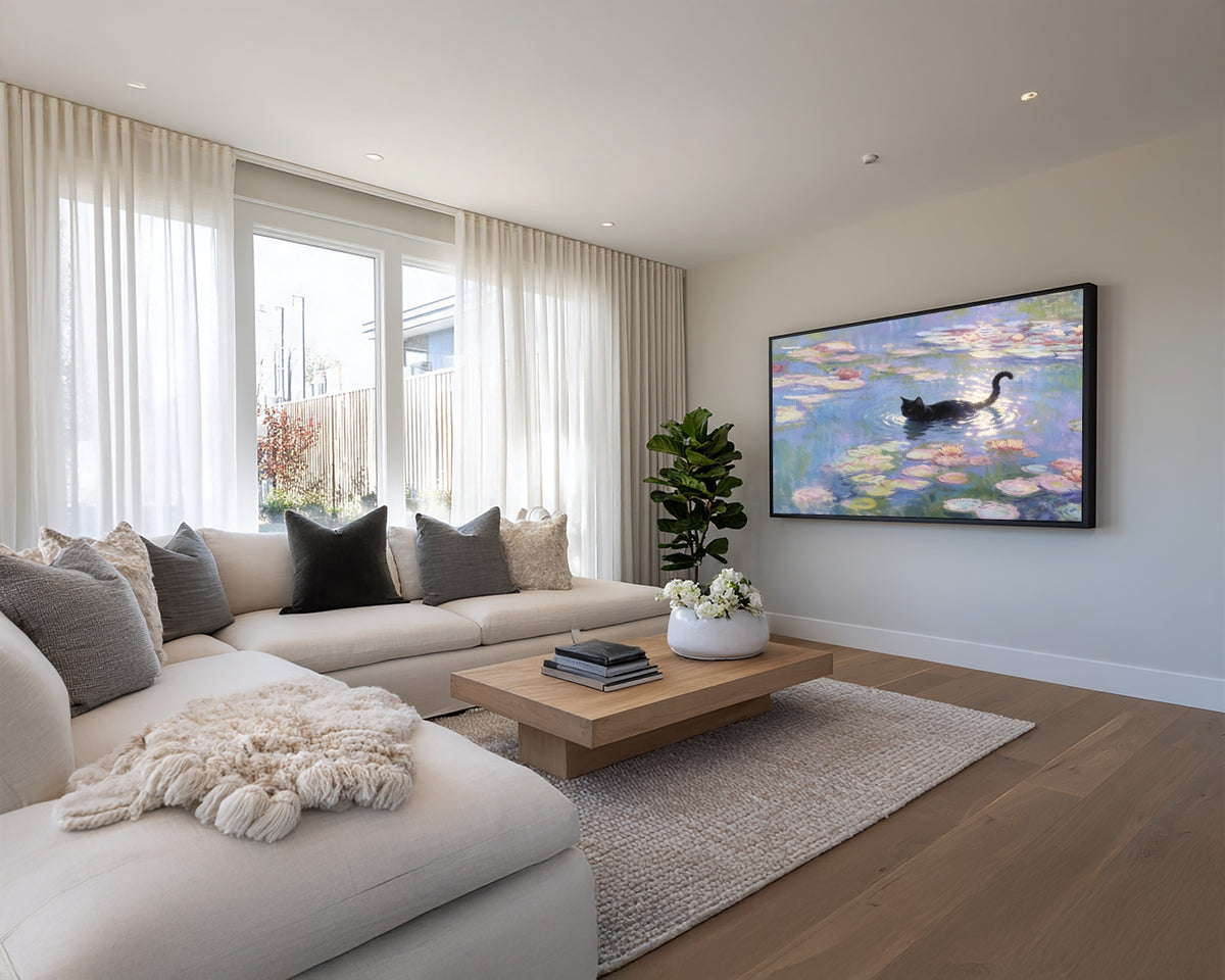Modern living room with a sofa, coffee table, and wall-mounted TV displaying a painting.
