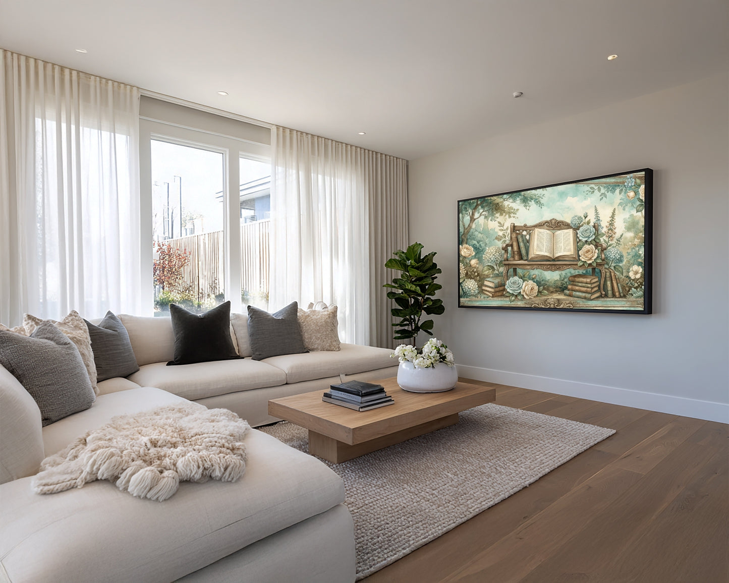 Modern living room with a sofa, coffee table, and decorative wall art.