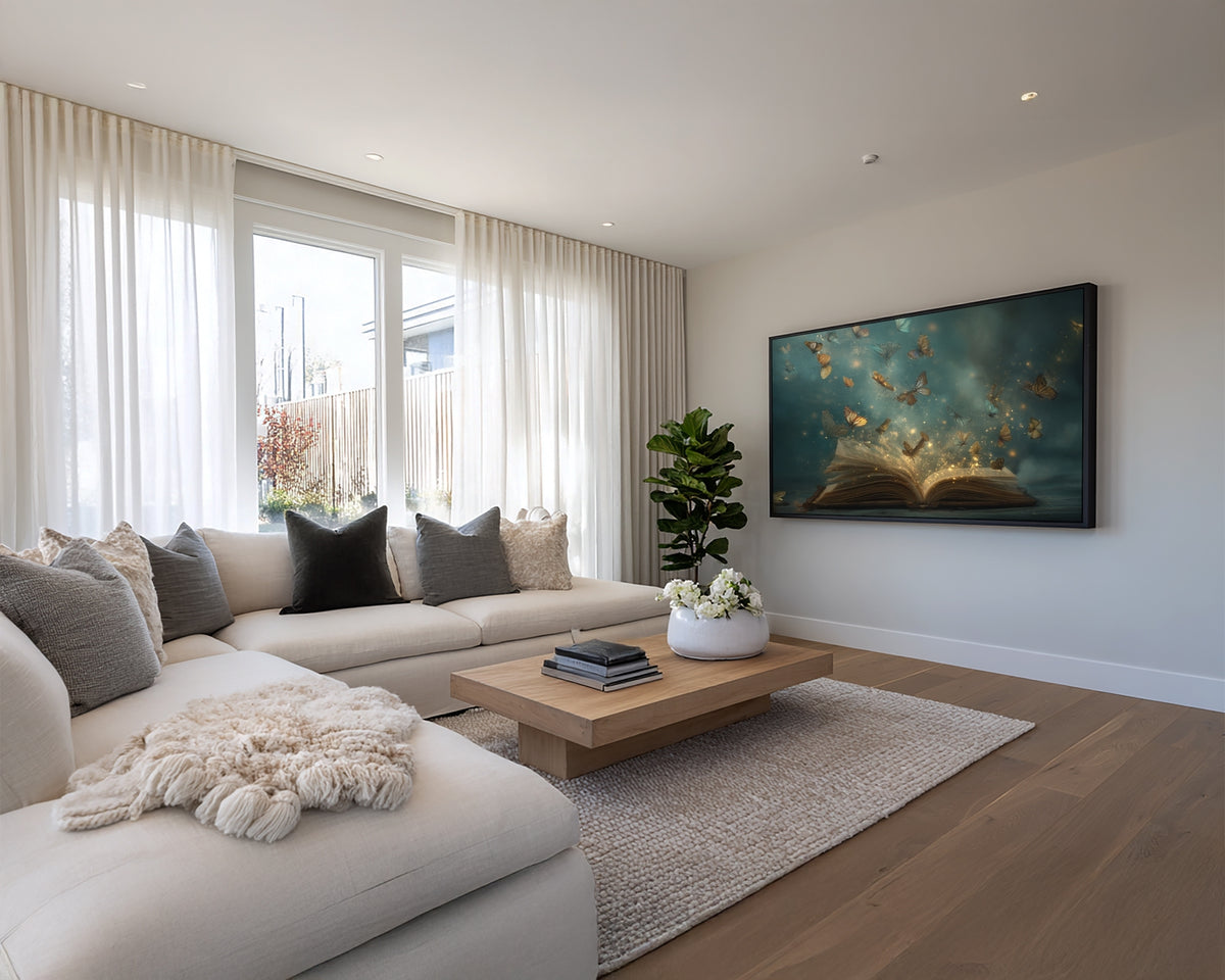 Modern living room with a sofa, coffee table, and wall-mounted TV.