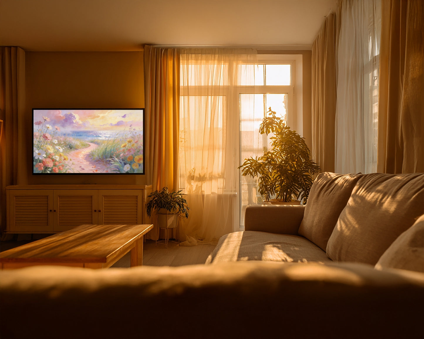 Living room with a TV displaying a nature scene, sofa, and large window with curtains.