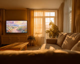 Living room with a TV displaying a nature scene, sofa, and large window with curtains.