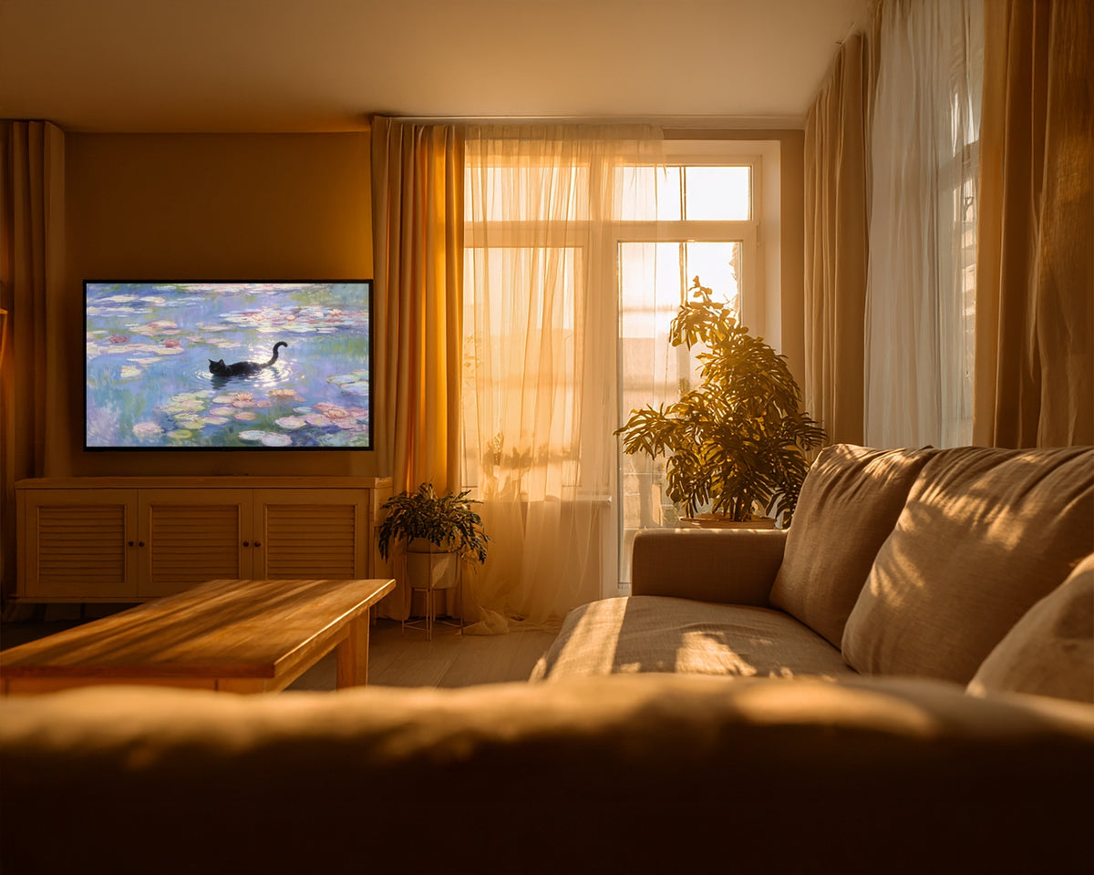 Living room with a TV displaying a painting, sofa, and large window with curtains.