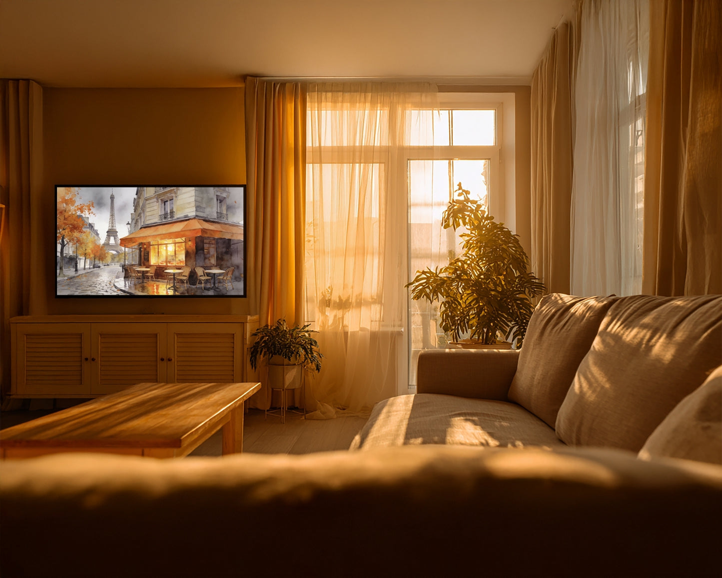 Living room with a TV, sofa, and large window with curtains.