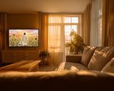 Living room with a TV showing a nature scene, sofa, and large window with curtains.