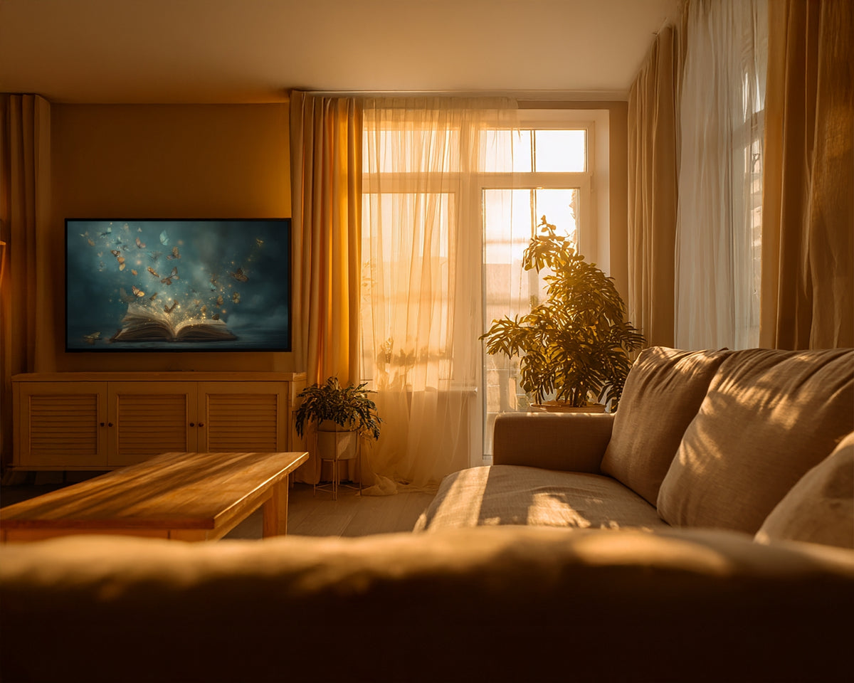 Living room with a TV, sofa, and large window with curtains.