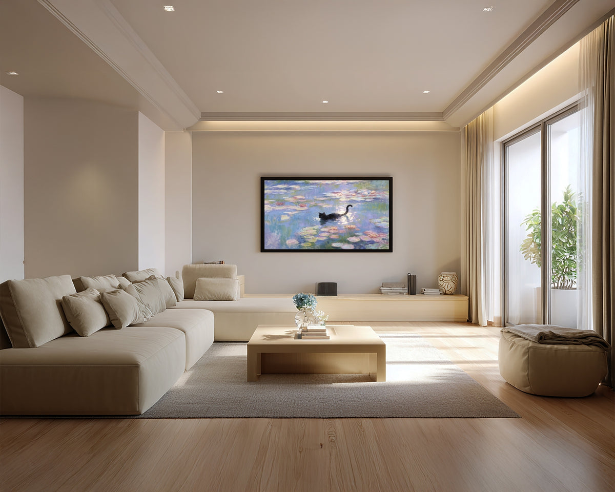 Modern living room with beige sofa, coffee table, and wall art.