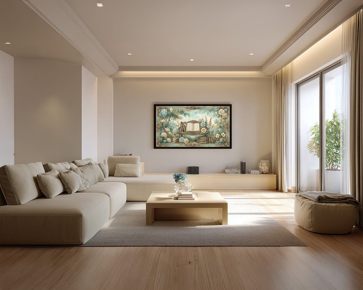Modern living room with beige sofa, wooden coffee table, and decorative elements.