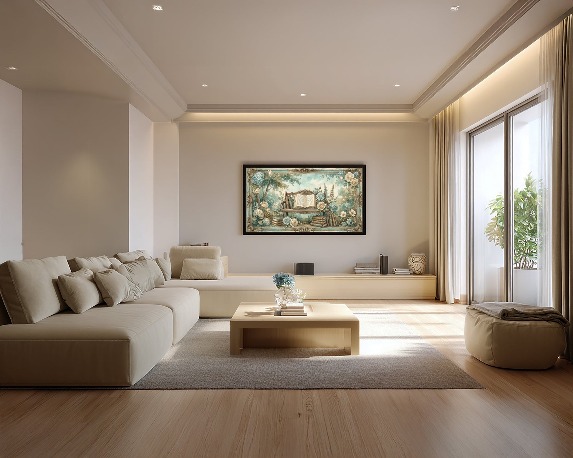 Modern living room with beige sofa, wooden coffee table, and decorative elements.