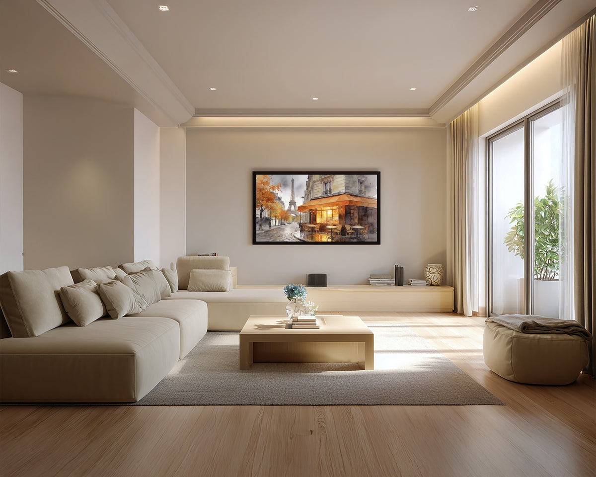 Modern living room with beige sofa, coffee table, and wall art.