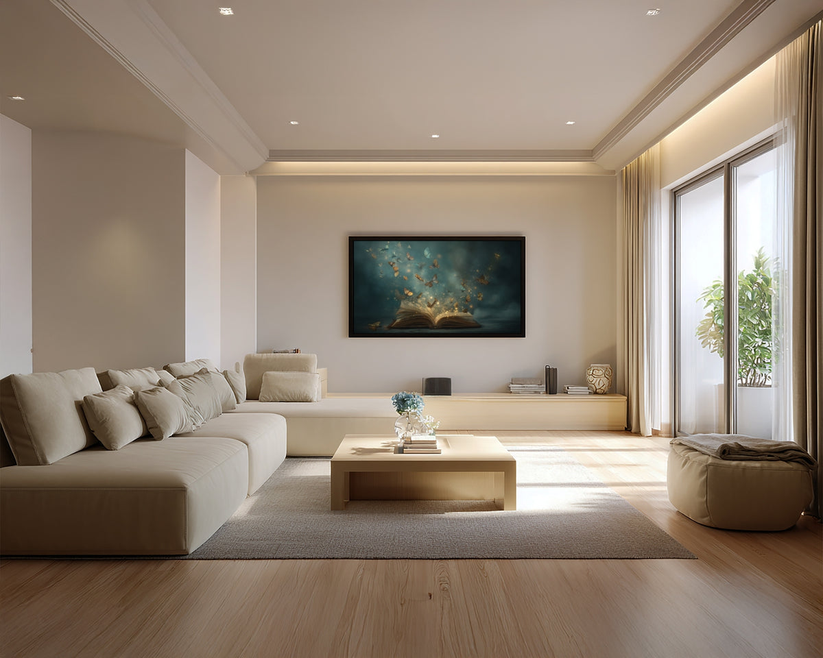 Modern living room with beige sofa, wooden coffee table, and large TV on wall.