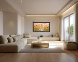 Modern living room with beige sofa, coffee table, and wall art.