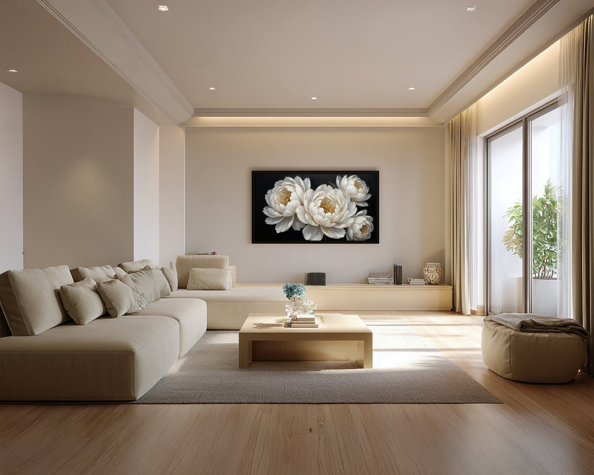 White Peony Frame TV Art – Elegant Floral TV Wall Art