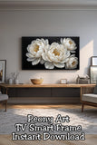 Turn your television into wall art. This white peony Frame TV artwork features romantic florals on a black background for a timeless, upscale look. A favorite choice for Frame TV shoppers decorating modern, classic, or feminine spaces with intentional decor.