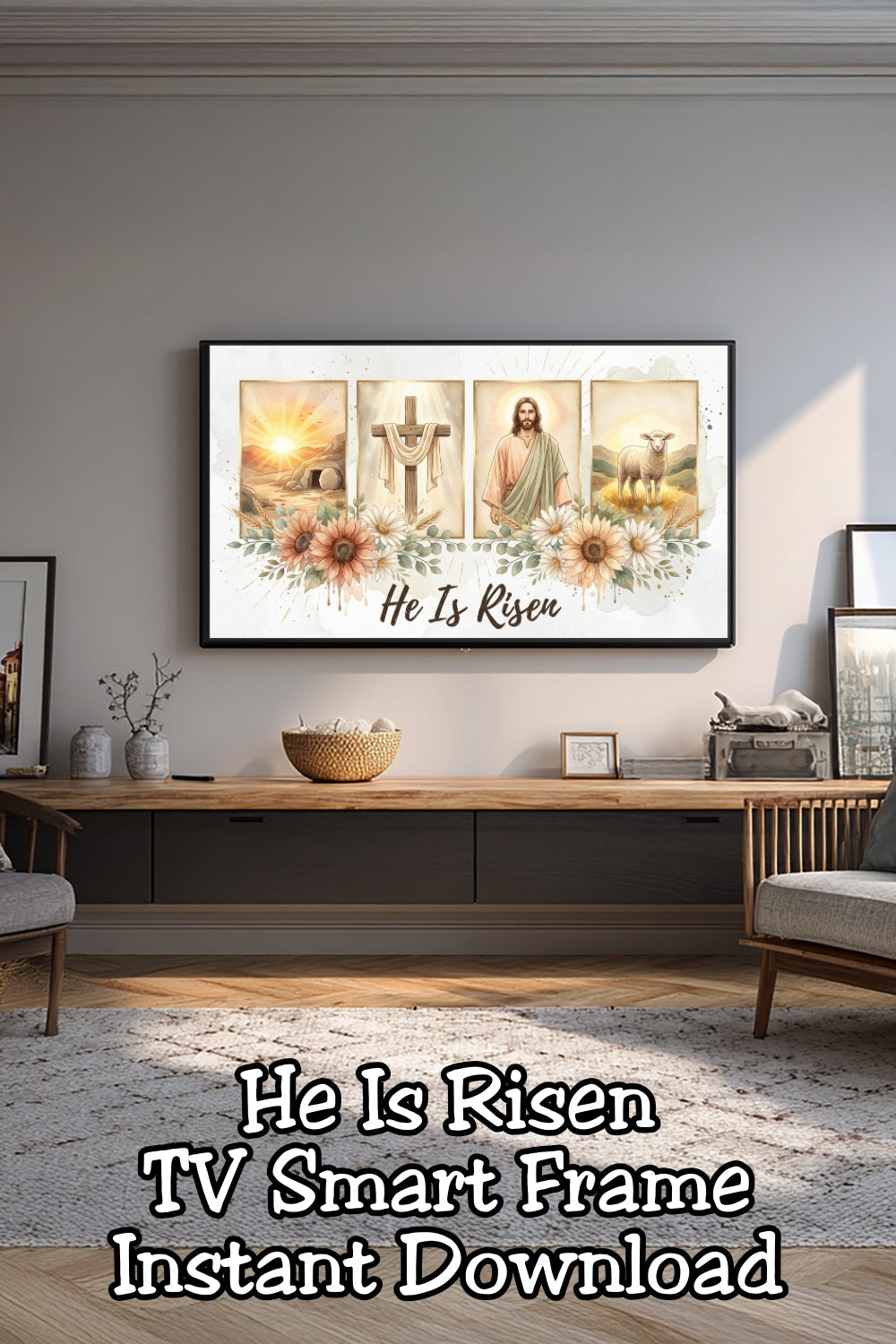 He Is Risen Easter Frame TV Art – Christian Resurrection Home Decor