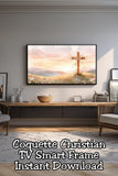A peaceful Easter morning scene with a floral cross, soft pastels, and warm light. This Christian frame TV art transforms your screen into meaningful wall decor for Easter, spring gatherings, and everyday faith-centered homes.