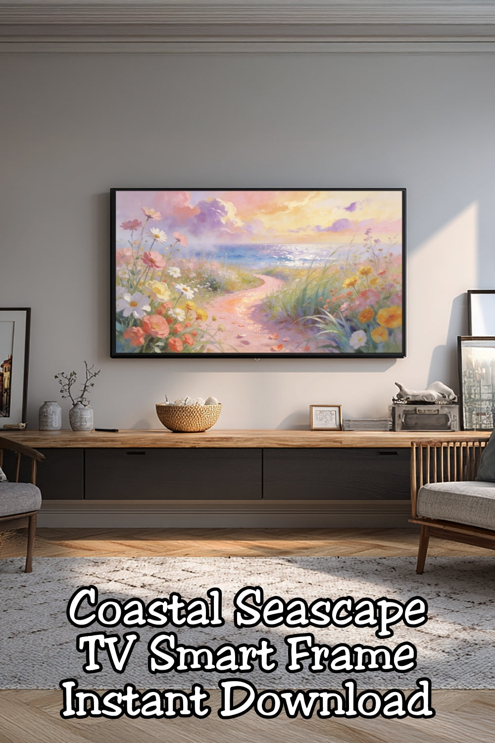 Turn your TV into beautiful coastal décor with this Pink Coastal Seascape TV wall art digital download. Designed for all 16:9 ratio TVs, this spring floral beach landscape features soft pink skies, wildflowers, and a peaceful ocean horizon. Perfect for coastal homes, feminine décor, and spring refreshes.