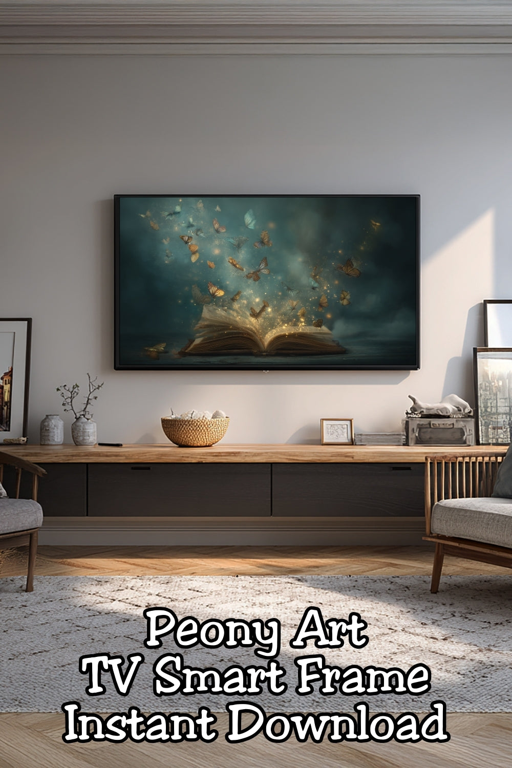 Looking for beautiful Frame TV art that doesn’t feel generic? This fantasy butterfly artwork transforms your TV into a storybook moment filled with soft golden light and whimsical detail. Ideal for Samsung Frame TV owners, reading nooks, and bookish home decor lovers who want art that tells a story.